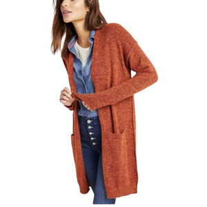 Anthropologie Cardigan Orange Rustic Long Sleeve Open Front Pockets Wool Sweater